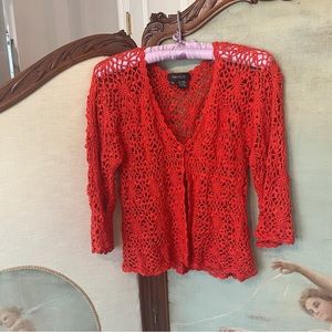 Y2K Vintage Crochet Button Front Orange Cardigan Top